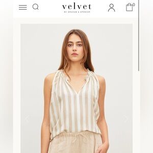 Velvet by Graham & Spencer Erica Striped Linen Top, Khaki/Cream, Size XL, NWOT